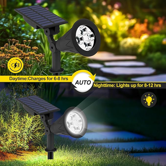 T-SUN Solar Spotlights, 4 LED Solar Powered Landscape Spotlights Waterproof Outdoor Lights Auto ON/OFF for Garden, Driveway, Yard, Patio, Pool Area (White-4 Pack)