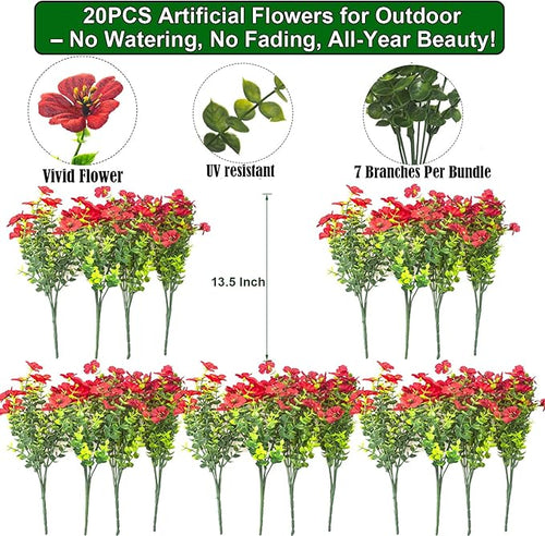 20 Bundles Artificial Flowers for Outdoors, UV Resistant Fake Plants Flowers Greenery Shrubs Plants for Decoration Outside Plants Hanging Planter Home Garden Decor (Red)