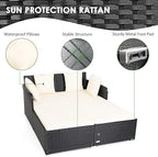 COSTWAY Outdoor Patio Rattan Daybed, Sponge Cushioned Loveseat Sofa with 4 Pillows, Wicker Furniture Sunbed for Balcony, Courtyard (Beige)