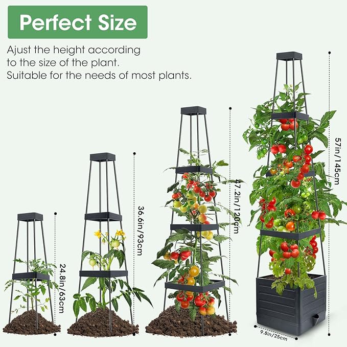MQUPIN Tomato Planter Box with Trellis for Garden, 57 Inch Self-Watering Raised Garden Bed, Patio Tomato Cage for Climbing Vegetables & Flowers, Upgraded Tomato Pot for Indoor Outdoor Use (4 Pack)