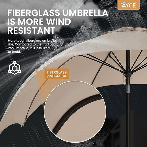 Ayge 9FT Large Outdoor Patio Umbrella Market Table Umbrella-UV Resistant, Easy Push Button Tilt and Crank, 8 Sturdy Fiberglass Ribs Heavy-Duty Pool Umbrella for Deck, Backyard,Garden,Beige