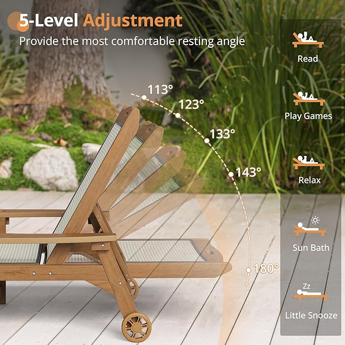 LUE BONA Chaise Lounge Chair Outdoor, HDPS and HDPE Wicker Material, Patio Lounge Chair with Adjustable Backrest, Resin Pool Lounge Chairs with Wheels for Backyard, Poolside and Deck,Teak