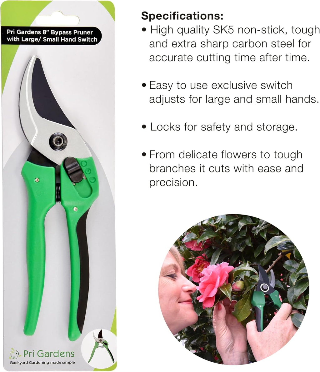 Pri Gardens 8 Inch Garden Pruner with a SK5 Carbon Steel, Non-stick, Rust Resistant Blade. Adjustable for Small and Large Hands