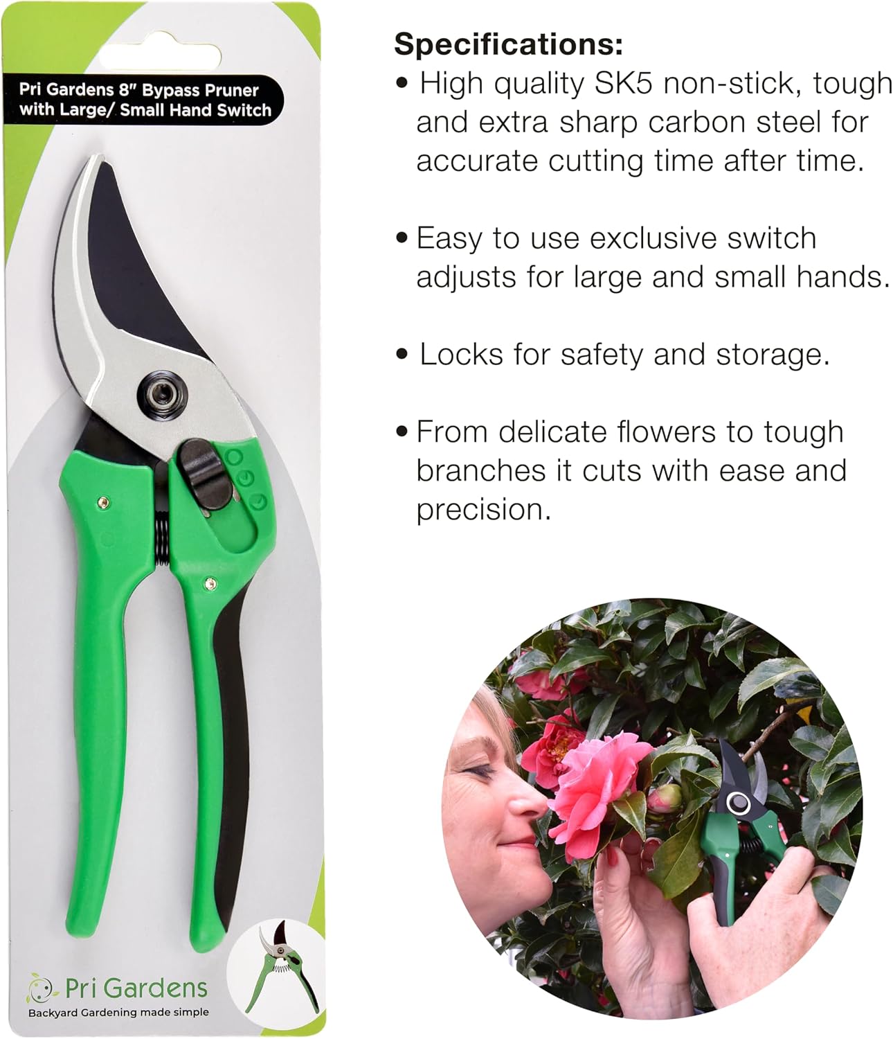 Pri Gardens 8 Inch Garden Pruner with a SK5 Carbon Steel, Non-stick, Rust Resistant Blade. Adjustable for Small and Large Hands