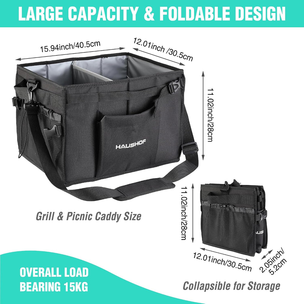 HAUSHOF Large Grill and Picnic Caddy with Paper Towel Holder | Condiment Pocket, Foldable BBQ Organizer Easy Carry Griddle Caddy for Camping, RV, Outdoor Waterproof Oxford Cloth (Black)