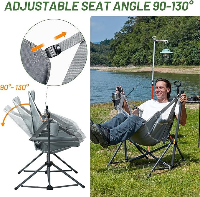 TIMBER RIDGE Hammock Camping Chair with Adjustable Backrest, Heavy Duty Folding Hammock Chair Supports 300lbs, Portable Hammock Chair for Camping, Travelling and Patio, Grey 2 Pack