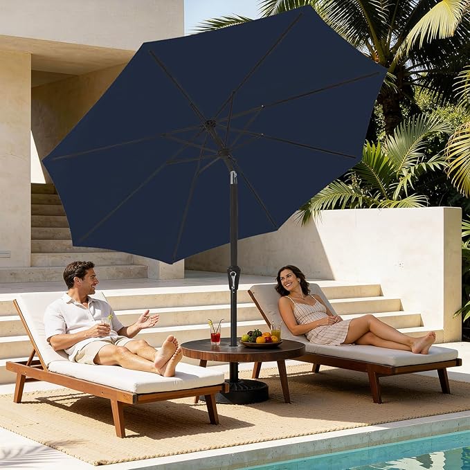 MEWAY 9ft Patio Umbrella Outdoor Table Umbrellas with Push Button Tilt and Crank, Market Umbrella 8 Sturdy Ribs for Deck, Garden, Pool and Backyard, Dark Blue