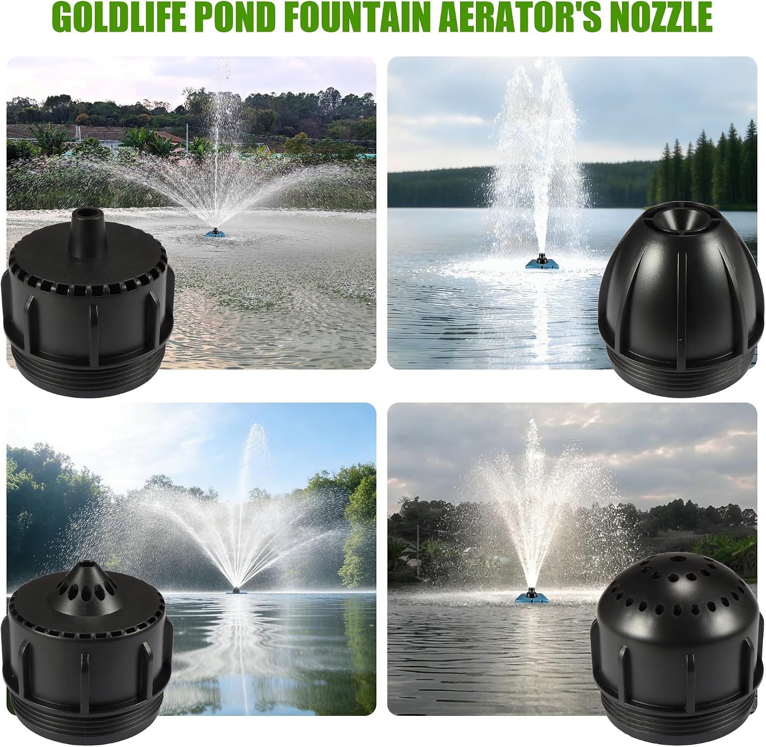 Goldlife Pond Fountain Aerator Nozzle - N3 Nozzle Kit, 4-in-1 Unique Water Flow Modes, Black ABS Water Spray Sprinkler Head, Replacement Fountain Aerator Pump Nozzle for Garden Pond Lake