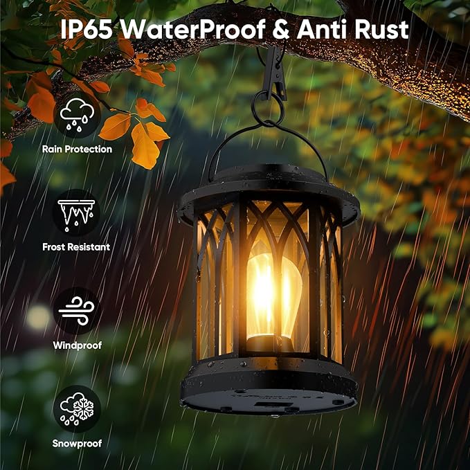 Solar Lanterns Outdoor Waterproof 4-Pack: Hanging Solar Lights for Outside Patio Decor for Garden Bright Black Modern Lanterns Decorative with Clips Gifts for Family Household Newlyweds - Warm Light