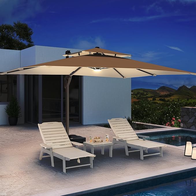 10 X 13 FT Cantilever Patio Umbrella with Led Lights and Base Included Outdoor Heavy Duty Double Top Rectangle Offset Umbrellas with 360-degree Rotation for Pool Deck Backyard, Beige