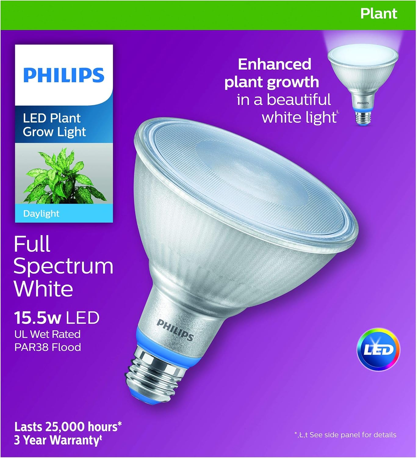 Philips LED Plant Grow Light Bulb PAR38, 1325 Lumen, Daylight (5000K), 15.5W, E26 Base, Title 20 Certified, 1-Pack
