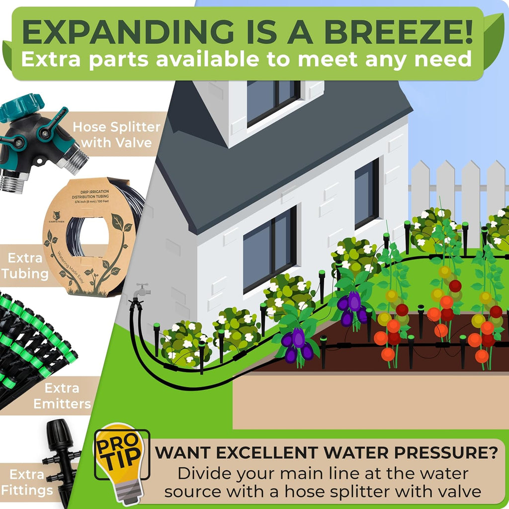 carpathen drip irrigation system kit for garden watering showing dimensions