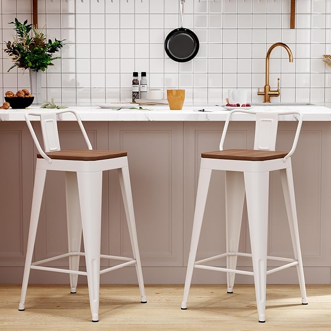 WENTMENT Metal Bar Stools Set of 2 Counter Height Barstools with Removable Back 26" Kitchen Bar Stools with Wooden Seat,Off White