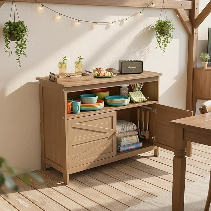 HIPS All-Weather Outdoor Storage Cabinet,Outdoor Sideboard with Magnetic Doors,3-Shelves Patio Storage Cabinet, Used for Garden,Buffet Cabinet,TV Stand, Bar Table,Balcony