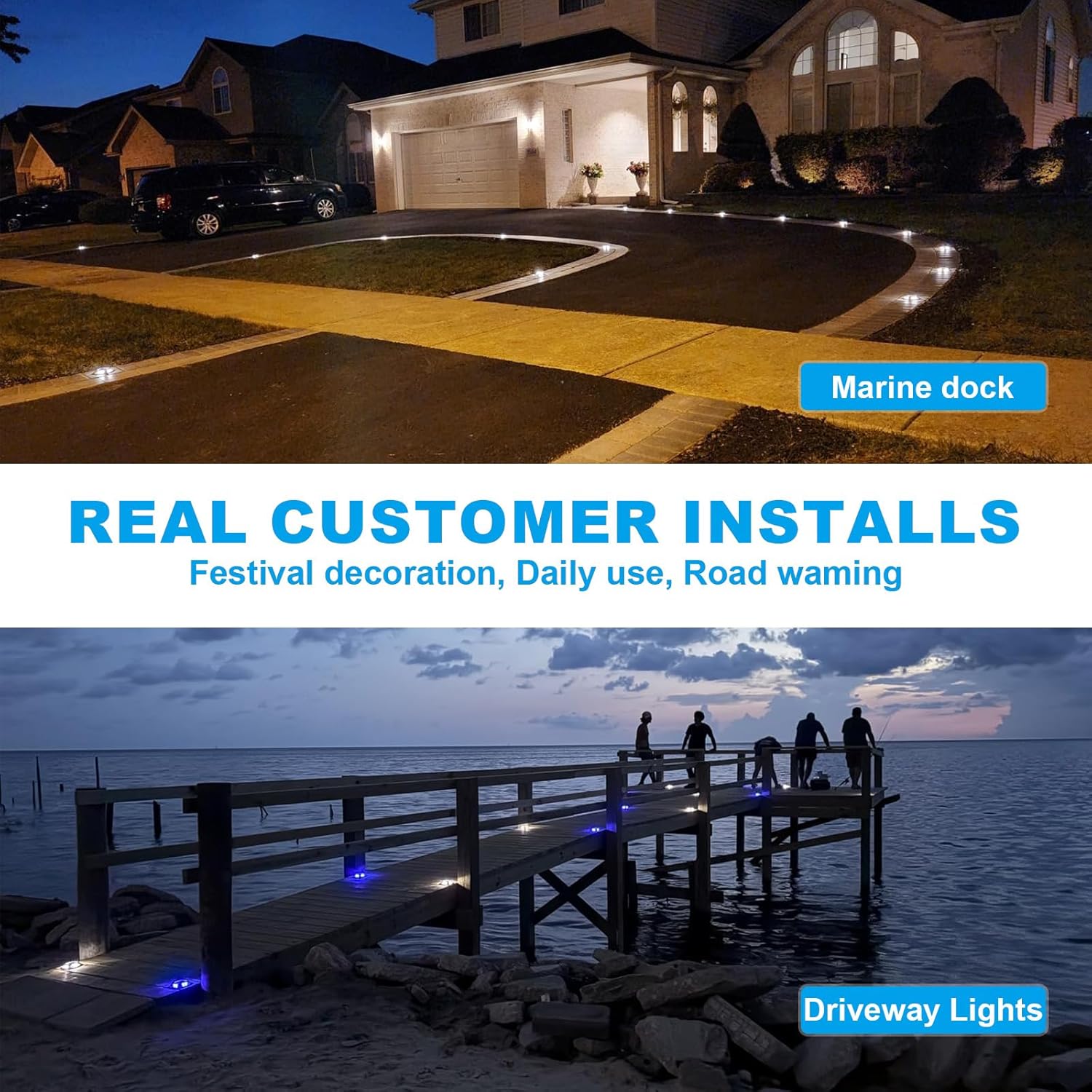 VOLISUN Solar Driveway Marker Lights Dock Marine Led Deck Outdoor 12 Pack | 2 Colors in 1,Solar Powered Waterproof Warning Step Lights for Pathway Garden Sidewalk Walkway (Blue/White)