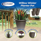 Suncast 4 Pack Wicker Planter w/ Drillable Drain Holes, Decorative Indoor/Outdoor Pot, 18in, Java