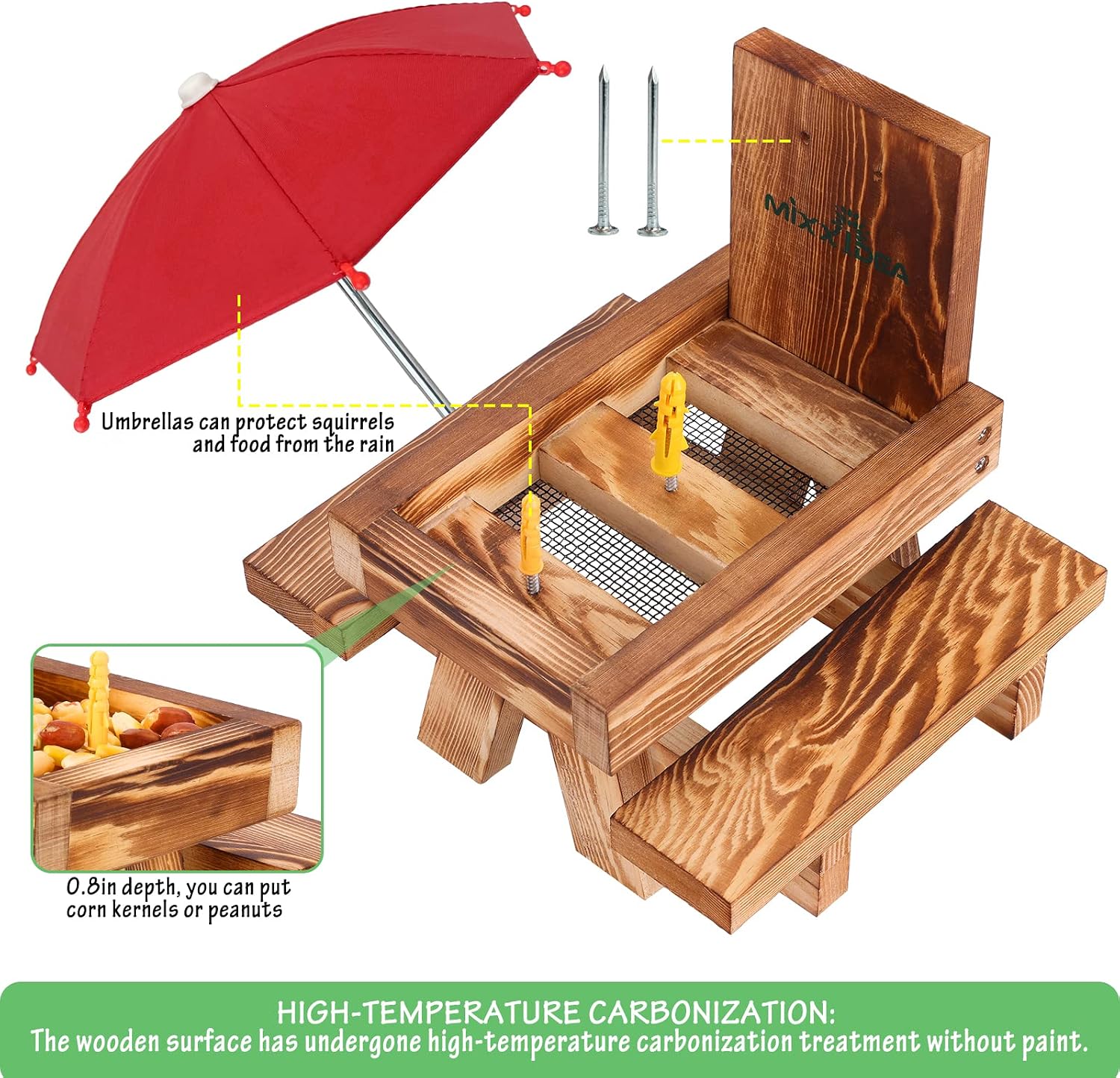 Squirrel Feeder Picnic Table with Tall Umbrella, Wooden Squirrel Feeders for Outside, Cute Chipmunk Feeder with Corn Cob Holder, Solid Structure, Thick Wood (Rustic Brown with Red Umbrella)