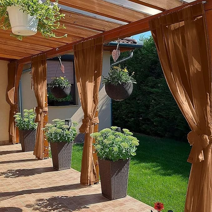 SpaceDresser Waterproof Outdoor Sheer Curtains for Patio - 2 Panels Rod Pocket Indoor Voile Sheer Curtain for Living Room,52W x 120L inch,Brown