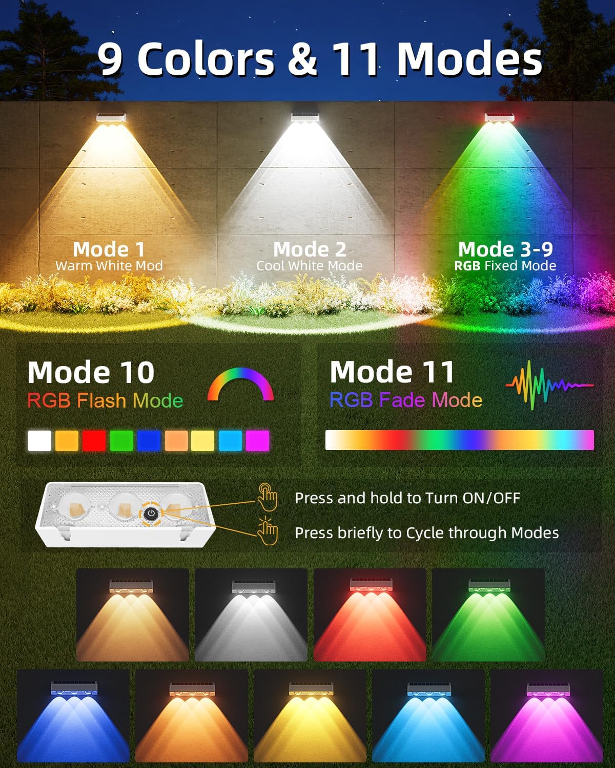 JOFIOS Solar Fence Lights Outdoor, 9 Fixed Colors ＆ Color Changing Fence Lights Solar Powered Waterproof IP65 Dusk-to-Dawn LED Deck Lighting for Patio, Railing, Pool, Porch, Backyard, Wall, 12 Pack