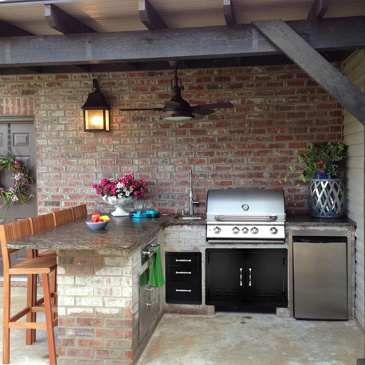 stanbroil triple access drawers for outdoor kitchen, black shown in use