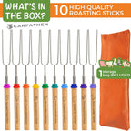 Smores Sticks, Marshmallow Roasting Sticks for Fre Pit, 10 pcs | Perfect as a Gift - Beautifully Engraved Handles - Telescoping Stainless Steel Hot Dog Sticks Skewers
