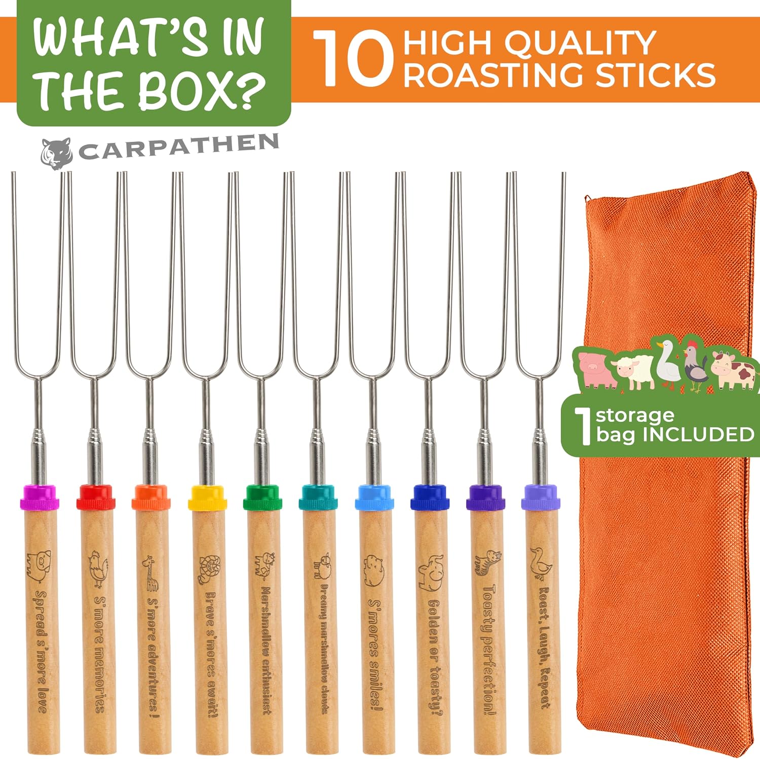 Smores Sticks, Marshmallow Roasting Sticks for Fre Pit, 10 pcs | Perfect as a Gift - Beautifully Engraved Handles - Telescoping Stainless Steel Hot Dog Sticks Skewers