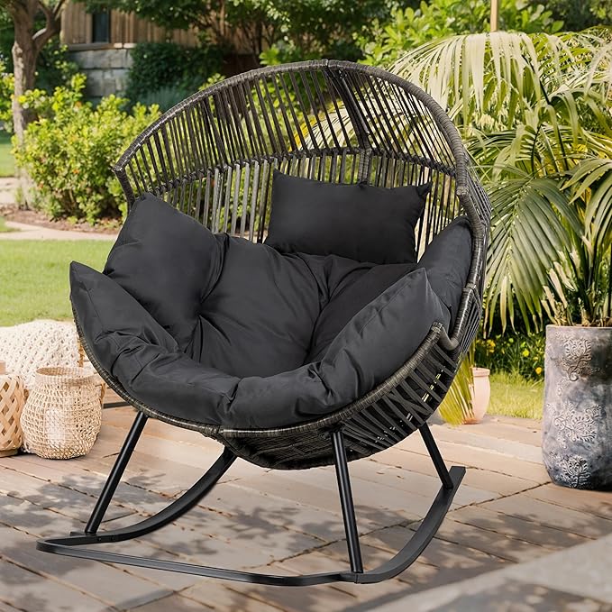 Vongrasig Wicker Egg Chair PE Rattan Rocking Chair with Cushion, Oversized Patio Lounge Rocker Chair for Outdoor, Indoor, Balcony, Backyard, Garden, Black/Rattan