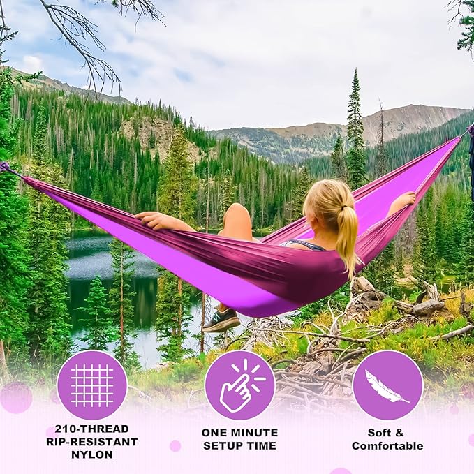 SZHLUX Camping Hammock Double & Single Portable Hammocks with 2 Tree Straps, Great for Hiking,Backpacking,Hunting,Outdoor,Beach,Camping,Purple / Pink