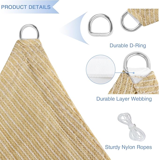 E&K Sunrise 3' x 3' x 3' Sun Shade Sail Triangle Canopy Shade Cover UV Block for Patio Backyard Garden Outdoor (Beige)
