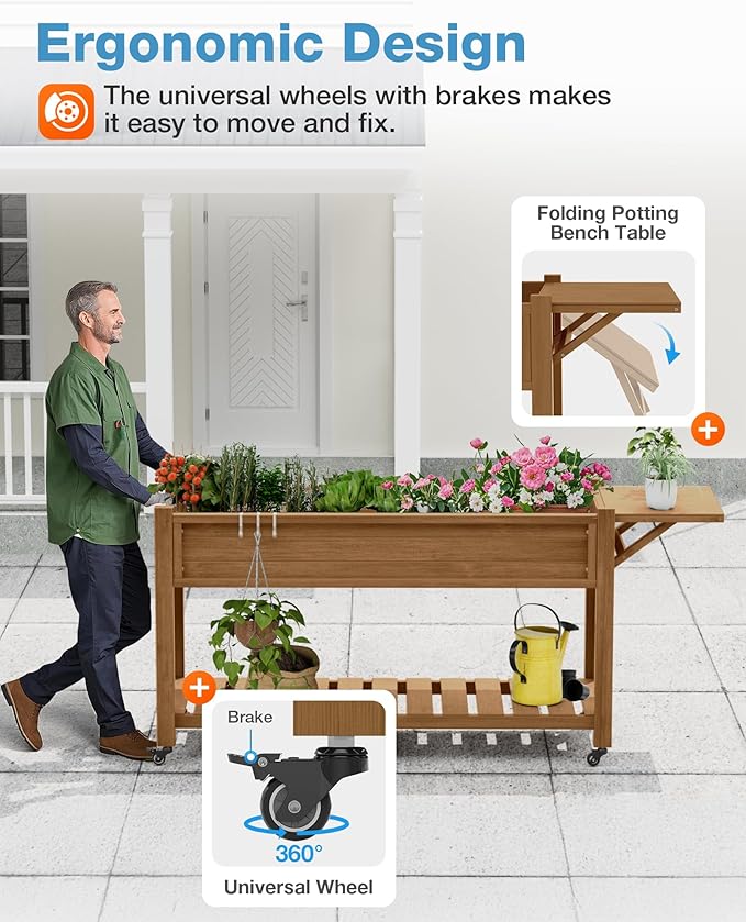 YEFU Raised Garden Bed with Legs: 57x18x30in Elevated Poly Planter with Wheels,Waterproof Mobile Raised Bed Garden, Elevated Planter Box Stand with Storage Shelf,for Herb,Carrot,Tomato (Teak,4pcs)