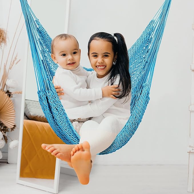 Barydat 2 Pcs Hanging Hammock Chair Boho Swing Chair Indoor Outdoor Cotton Rope Weaving Chair with 40 Inch Detachable Metal Bars for Backyard Living Room Bedroom Garden (Blue)