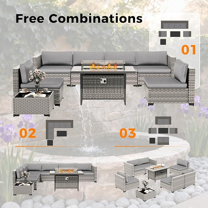 12-Seat Modern Outdoor Wicker Rattan Patio Furniture Set with 55,000 BTU Fire Pit Table, Thick 4″ Cushions, All-Weather Dual-Strand Rattan, Rust-Resistant Steel Frame,Gray