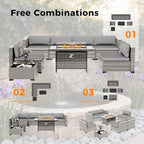 12-Seat Modern Outdoor Wicker Rattan Patio Furniture Set with 55,000 BTU Fire Pit Table, Thick 4″ Cushions, All-Weather Dual-Strand Rattan, Rust-Resistant Steel Frame,Gray