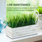 MyGift 14 Inch Artificial Green Grass Plant in Shabby White Washed Wood Planter Window Box - Faux Greenery in Rectangular Crate Style Wooden Container
