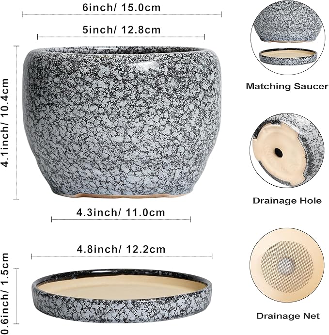 SQOWL Ceramic Pot for Plants - 6 Inch Ceramic Planter for Indoor Outdoor, Decorative Plant Pot with Drainage Hole and Saucer, Round Planter for Flower, Bedroom Decor, Garden Gifts, Black and White