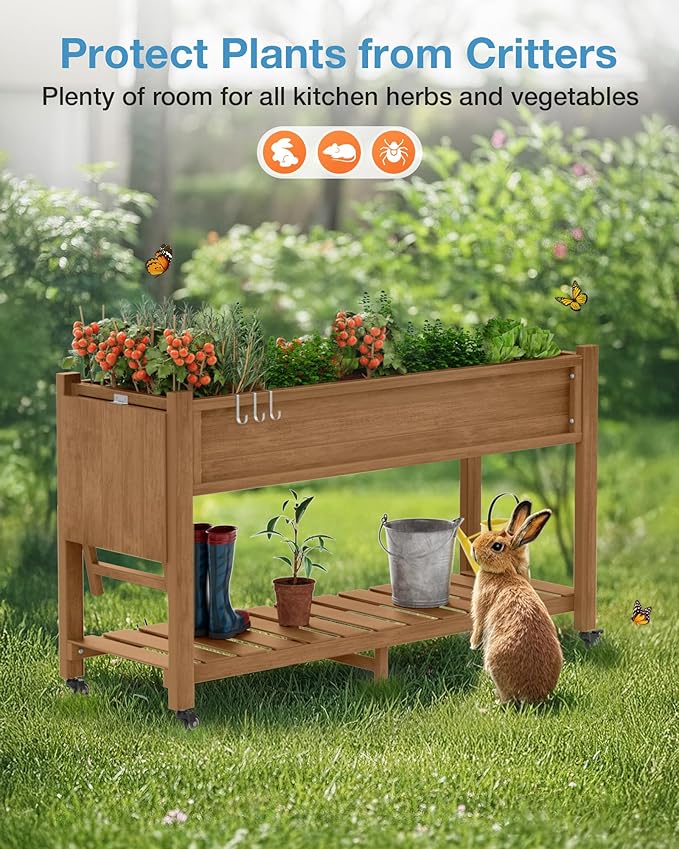 YEFU Raised Garden Bed with Legs: 57x18x30in Elevated Poly Planter with Wheels,Waterproof Mobile Raised Bed Garden, Elevated Planter Box Stand with Storage Shelf,for Herb,Carrot,Tomato (Teak,2pcs)