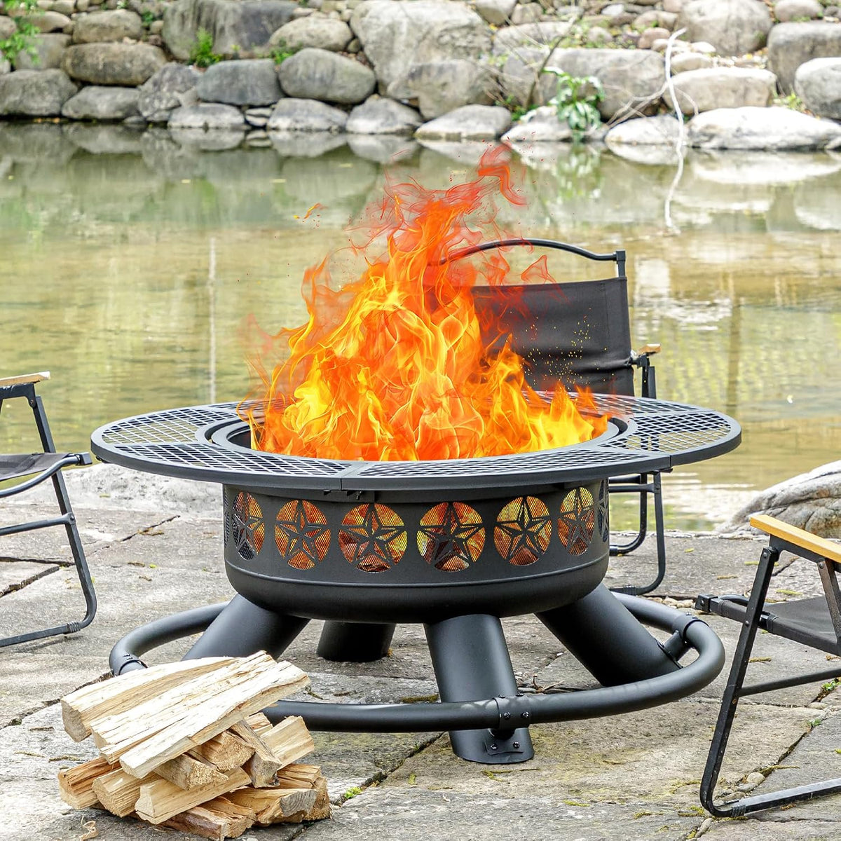 verdeluxe 47 inch outdoor fire pit with 2 shown in use