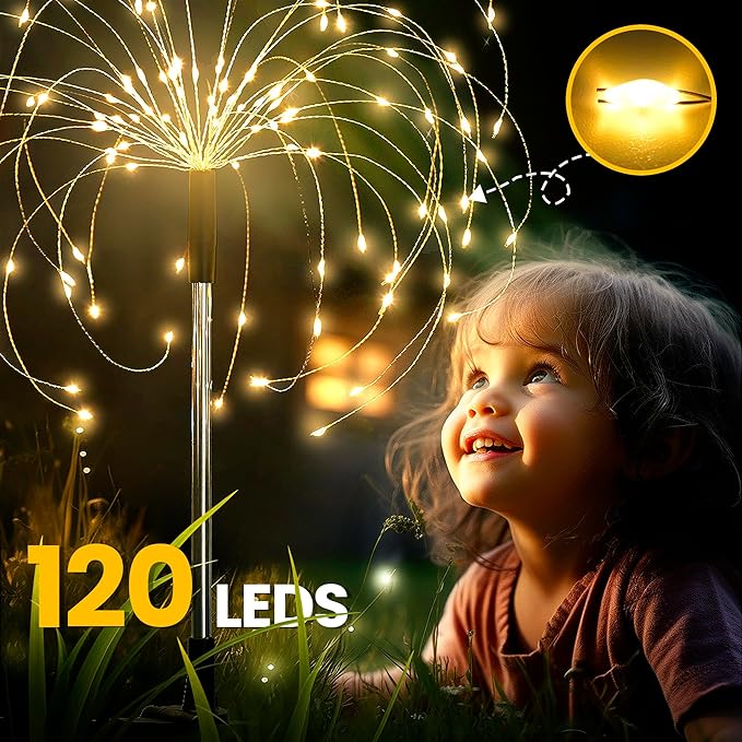 GIGALUMI Garden Decor Outdoor Lights 120LED 4Pack, Solar Garden Lights for Christmas Outside Fairy Firework Decorative,Solar Powered for Yard Pathway Flowerbed Planter Balcony Patio Decor (Warm White