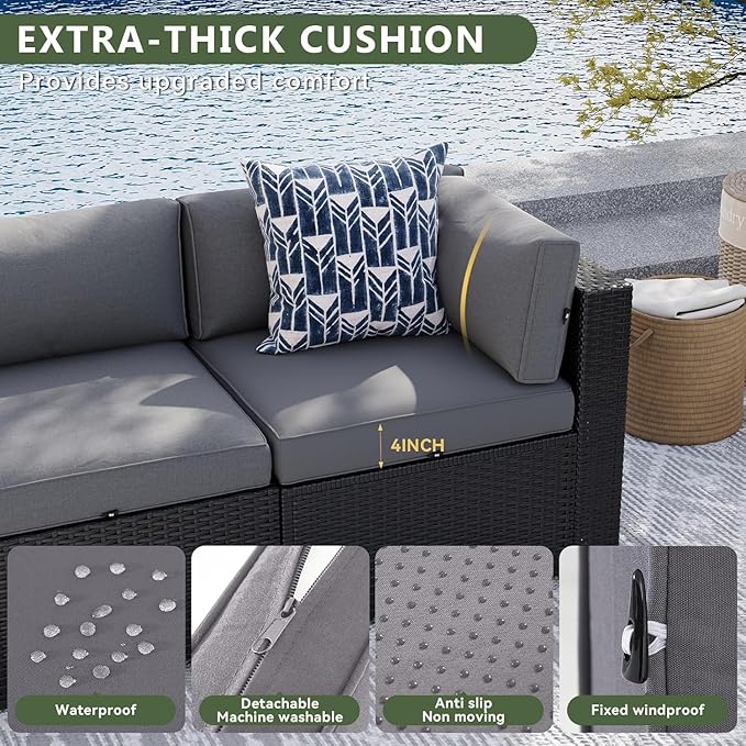 Aoxun 8 Piece Patio Furniture Set with 44” Fire Pit Table, Wicker Rattan Patio Sectional Sofa, Outdoor Furniture Set with Thickened Cushion, Grey