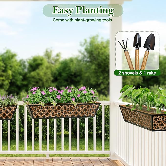 SPECILITE 24" Window Boxes Planters, Heavy Duty Metal Railing Planter Boxes, Adjustable Balcony Planters for Railing Hanging, with Coco Liner & Tool Set for Deck, Porch, and Patio Gardening (4 Pack)
