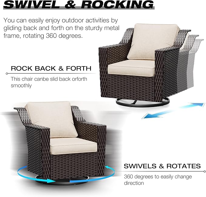 Joyside Wicker Patio Furniture Sets, 6 Pieces Upgraded Large Size Outdoor Furniture with Swivel Rocking Patio Chairs, Two 3-Seat Sofa, Fire Table, Coffee Table, Thick Cushions, Wide Armrest, Beige