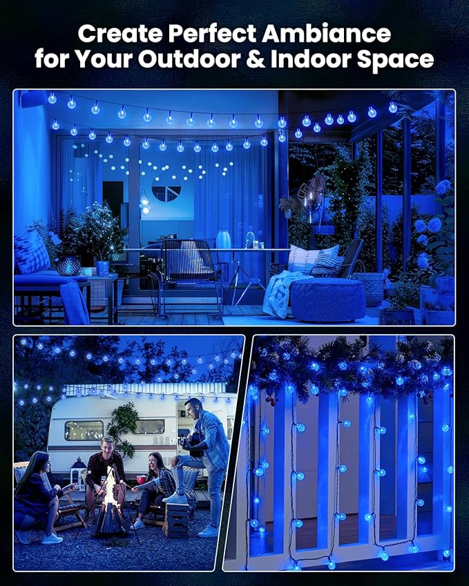 Solar String Lights Outdoor Waterproof, 2 Pack 60 LED 36.5 FT Each, 8 Lighting Modes Solar Powered Patio Lights for Garden Yard Porch Wedding Party Decor (Blue)