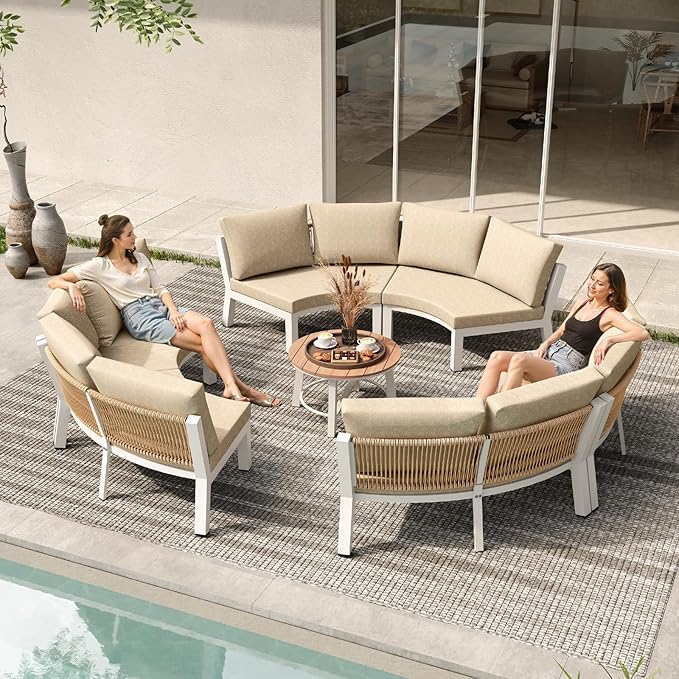 Outdoor Patio Furniture Set, 7 Piece Aluminum Curved Outdoor Sectional Sofas with Modular Coffee Table, PE Rattan Patio Conversation Sets, All-Weather Patio Couch Sets with Cushions, White