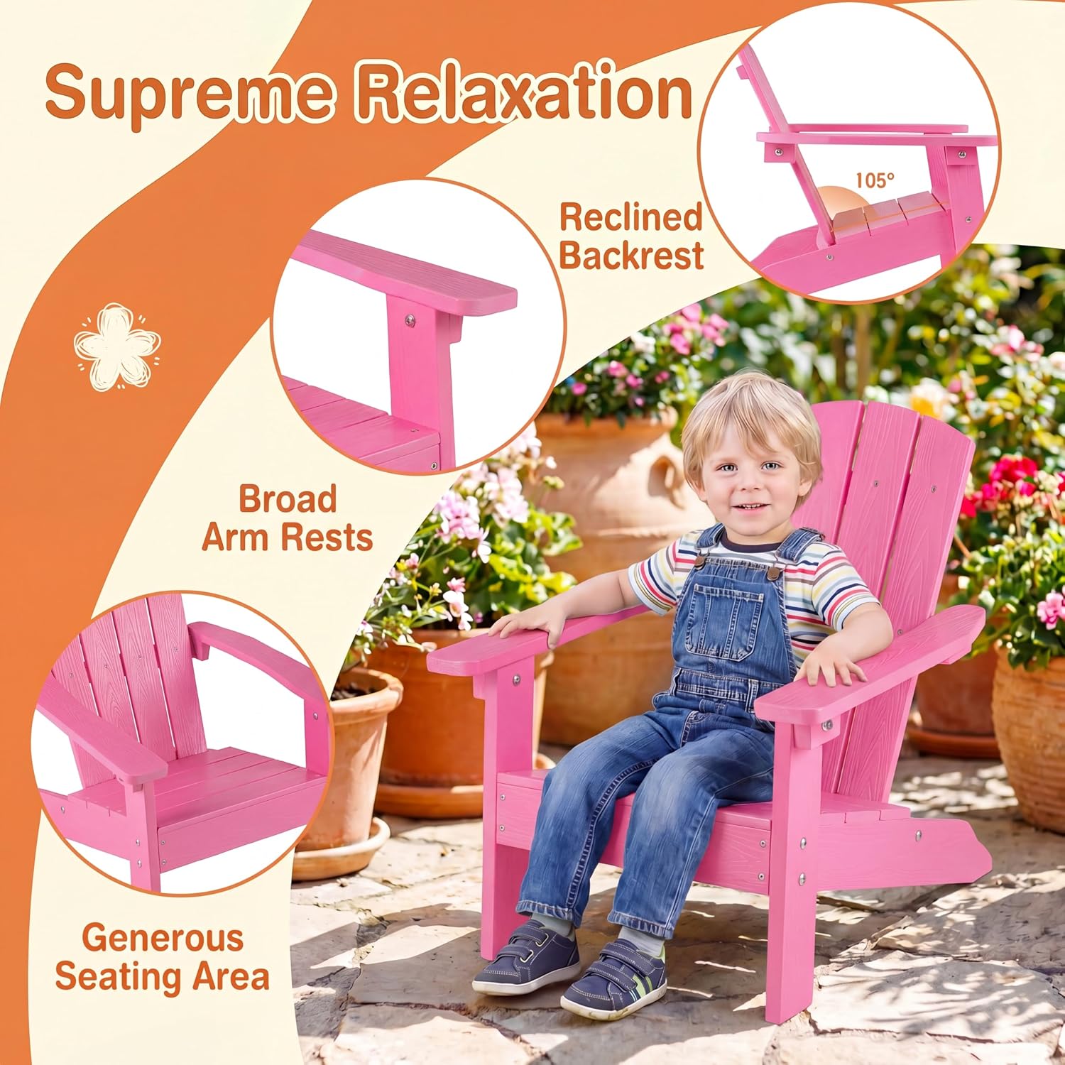 Costzon Kids Adirondack Chair, All-Weather HIPS Patio Chair with High Backrest, Armrests, Fire Pit Chair for Kids Ages 3-8, Indoor Outdoor Kids Patio Lounge Chair for Garden, Lawn, Yard (2, Pink)