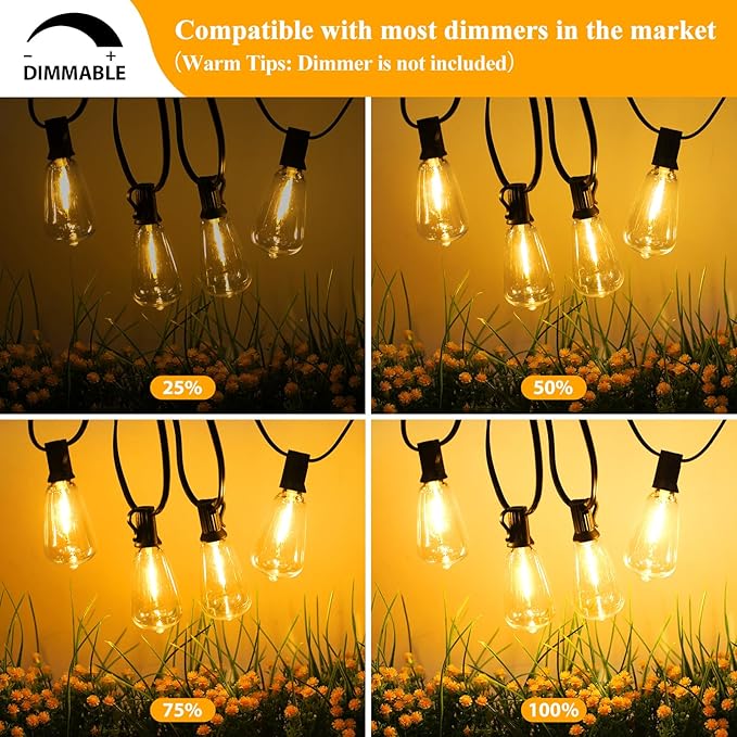 Brightever LED Outdoor String Lights 100FT Patio Lights with 52 Shatterproof 2200K ST38 Vintage Edison Bulbs, Amber Outside Hanging Light Waterproof for Porch, Deck, Garden, Dimmable Amber Lights
