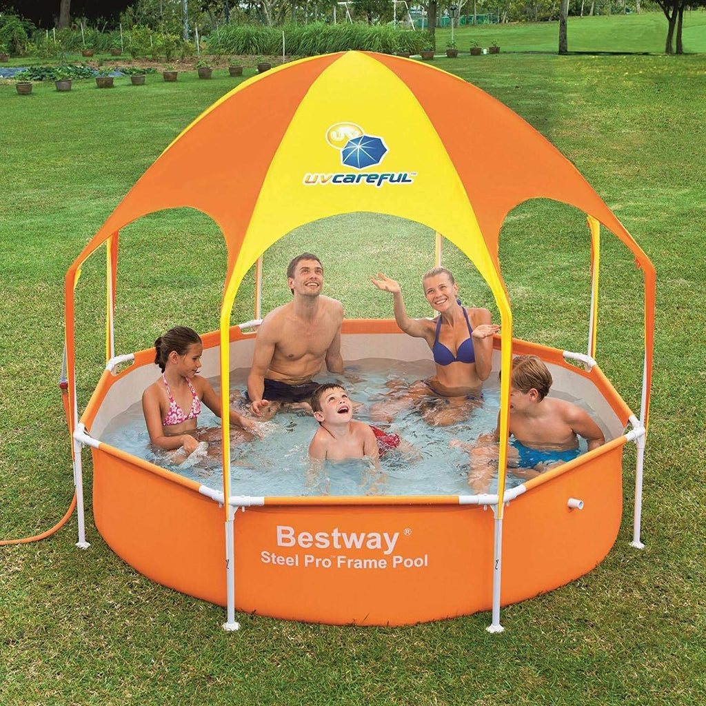 Bestway 56543E Splash in Shade 8 Foot x 20 Inch Outdoor Family Kids Spray Play Swimming Pool and Canopy with Water Sprayer