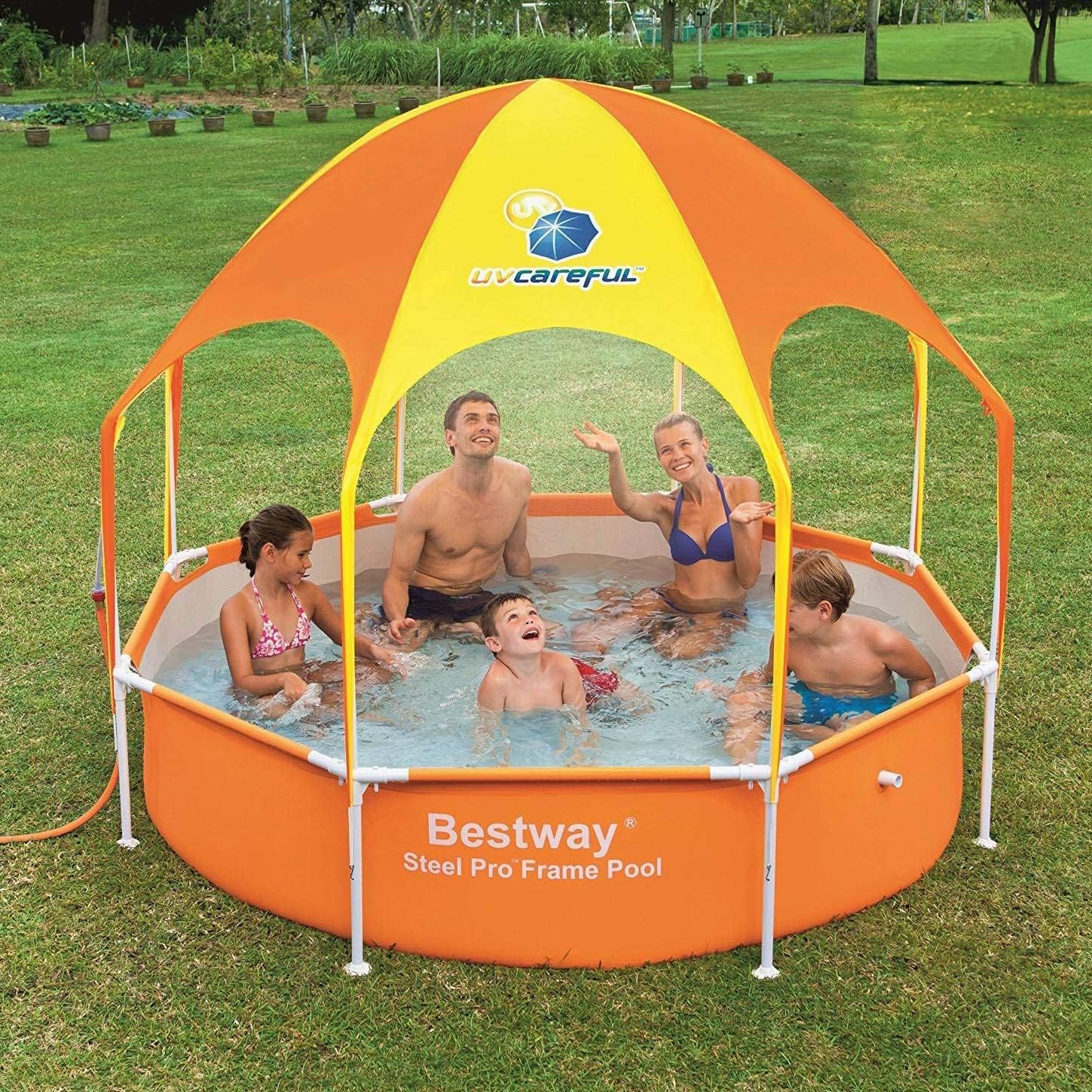 Bestway 56543E Splash in Shade 8 Foot x 20 Inch Outdoor Family Kids Spray Play Swimming Pool and Canopy with Water Sprayer