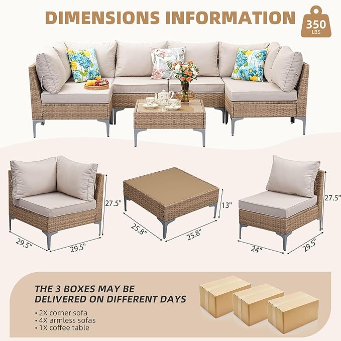 Jing's Villa 7-Piece Outdoor Patio Furniture Set,Ratten Conversation Sectional Sofa w/Coffee Table, All-Weather Patio Conversation Set with Thick and Anti-Slip Cushions for Backyard,Deck,Beige