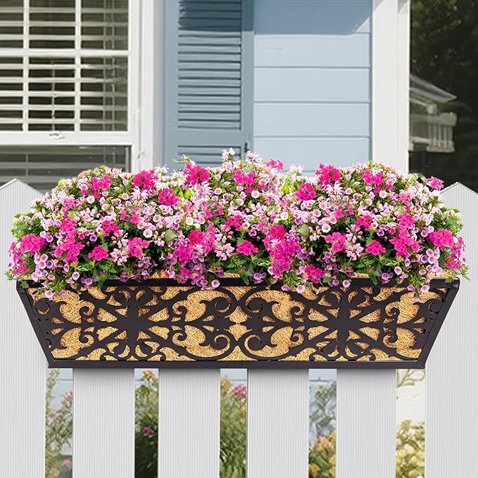 6 Pack 24 Inch Window Boxes Planters Railing Planter Box with Adjustable Brackets & Coco Liners Fabric Plant Grow Bags Deck Railing Planter Boxes Balcony Hanging Flower Box for Outdoor Plants
