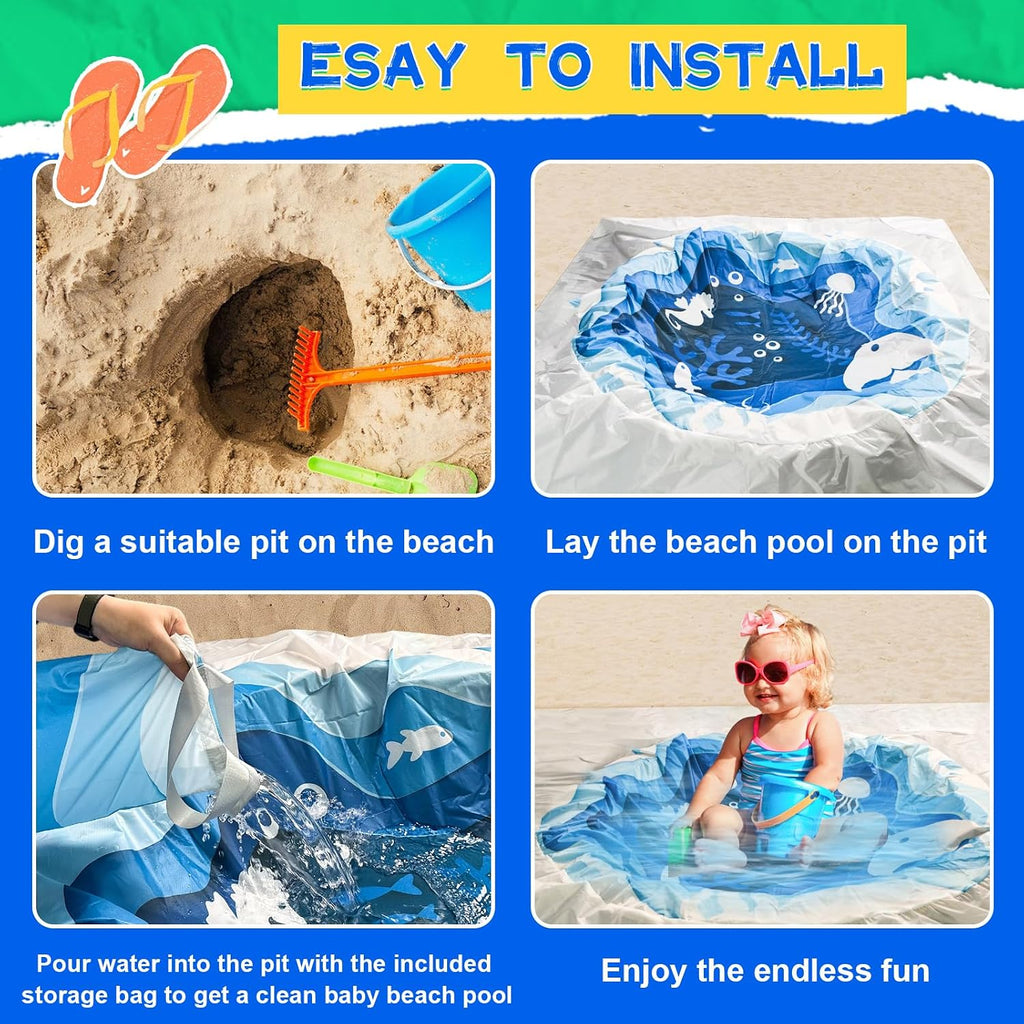 6.5 X 6.5Ft Baby Beach Pool, 2 in 1 Square Portable Toddler Beach Puddle | Cartoon Ocean Theme, Waterproof & Sandproof, Cute Toddler Paddling Pool Beach Blanket with Carrying Bag for Boys Girls, Blue